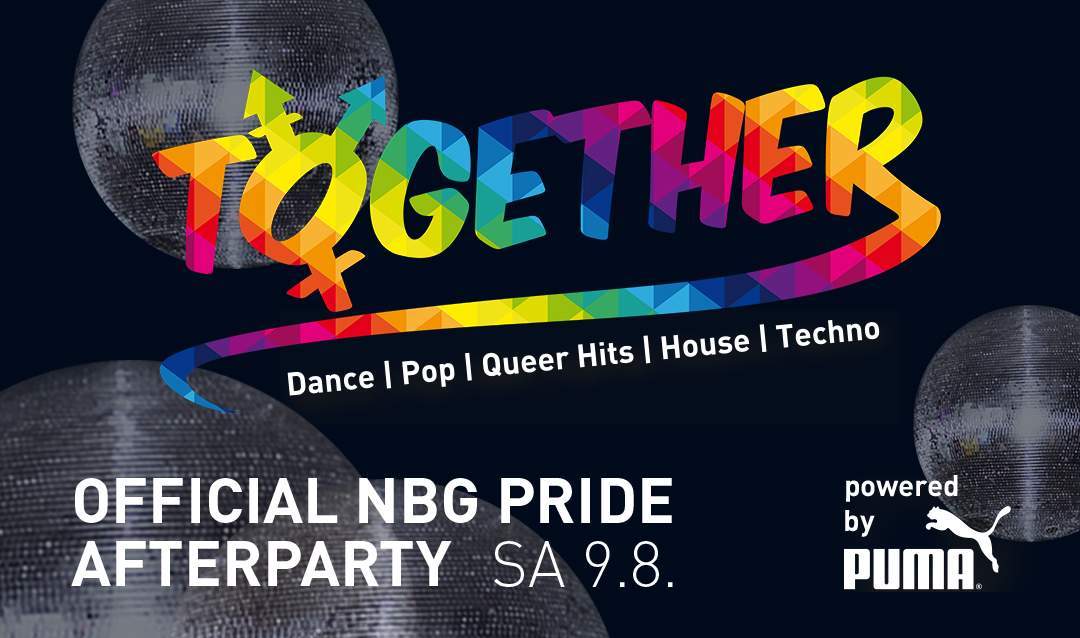 Veranstaltungsankündigung Together Party mit Diskokugeln